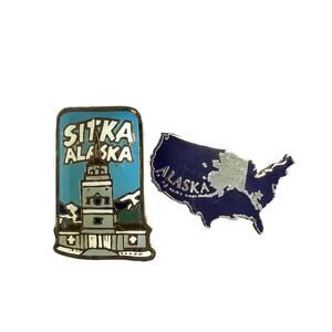 Lot of 2 Alaska State Enamel Metal Pins, Vintage Sitka Alaska Pin